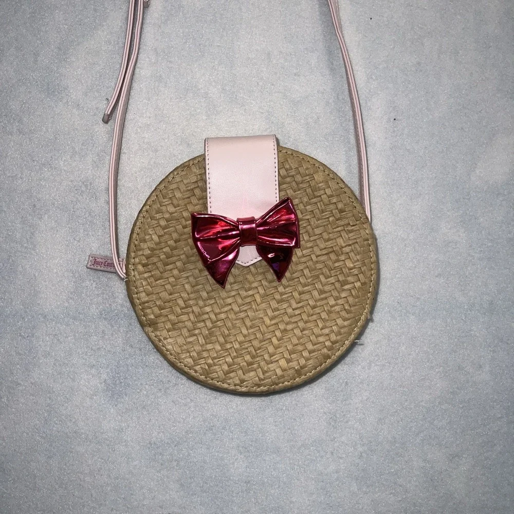 Juicy Couture Straw Crossbody Purse Small Round Tan & Pink Bag